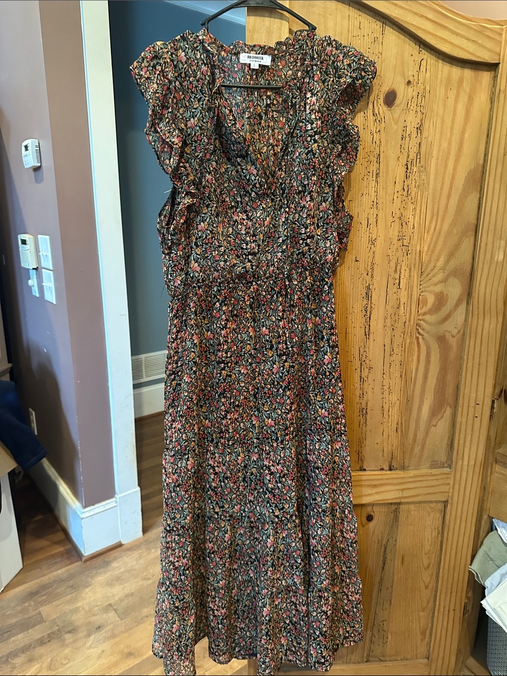 BB Dakota Black Floral Maxi Dress with Pink & Green Accents